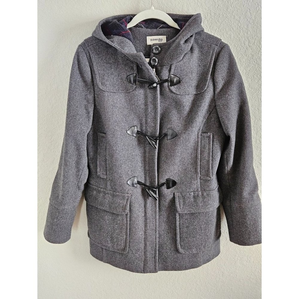 St. Johns Bay Woman Size M Toggle Coat Gray with Hood Wool Cashmere Blend